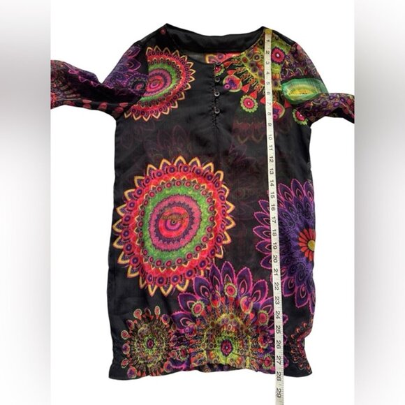 Desigual Black Vibrant Multicolor Sheer Long Sleeve Mandala Tunic Top Size Small - Picture 9 of 11